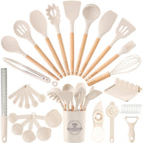 Astercook Complete Silicone Cooking Set with Wooden Handle — Warm Wooden Accents for a Cozy, Designer-Inspired Home Kitchen