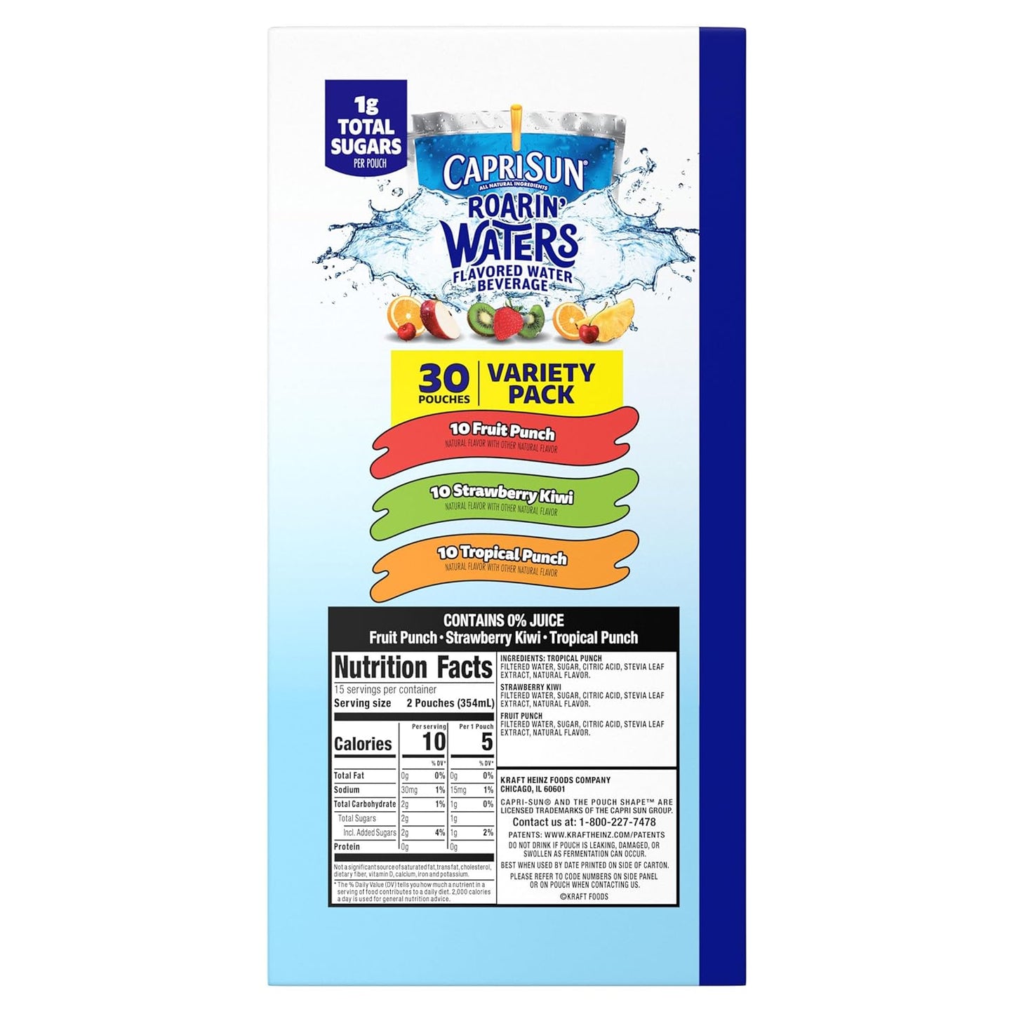Capri Sun Roarin' Waters Variety Pack – Kid-Friendly Flavored Water for Lunchboxes, Practice and Playdates, 30 Pouches