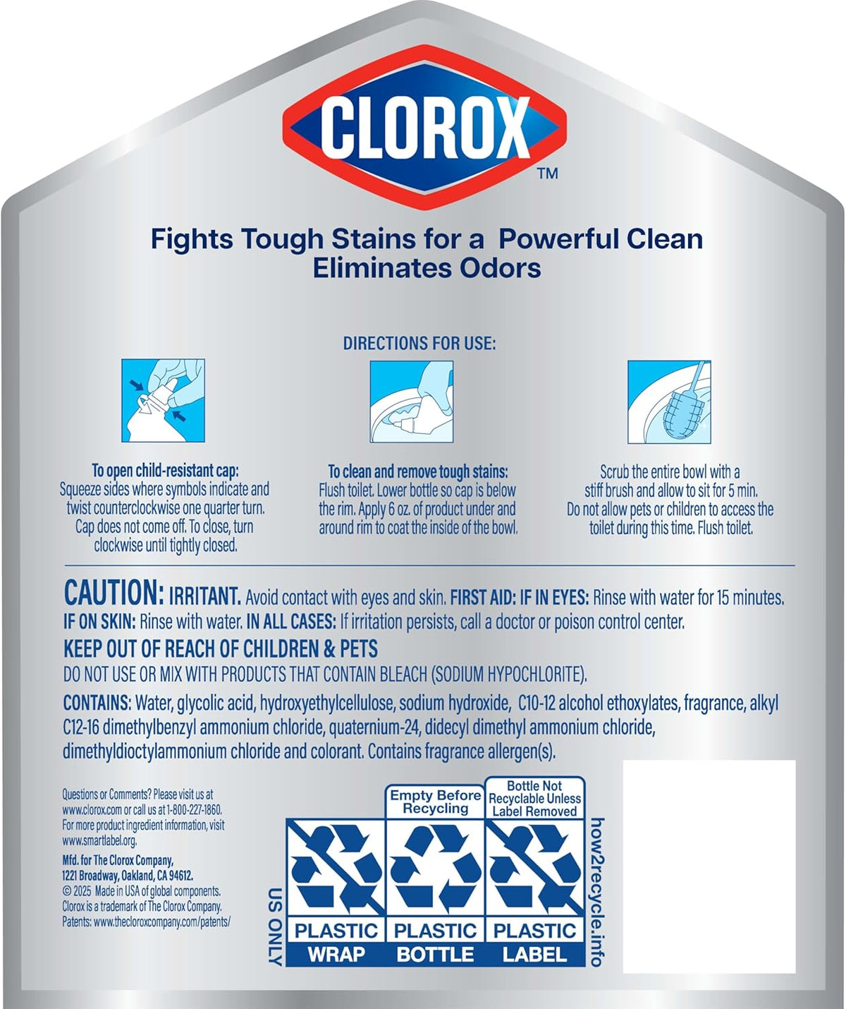 Clorox Toilet Bowl Cleaner No-Scrub Gel for Intentional Bathrooms, Less-Effort Hard Water Removal