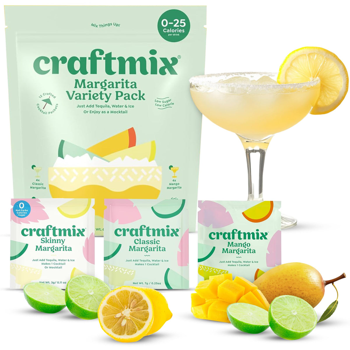 Craftmix Margarita Variety Pack Cocktail & Mocktail Drink Mixer, Skinny Mixes - Water Flavoring Packets - Made With Real Fruit - Vegan Low-Carb, Low-Sugar, Non-GMO, Dairy Free, Gluten Free, 12 Pack