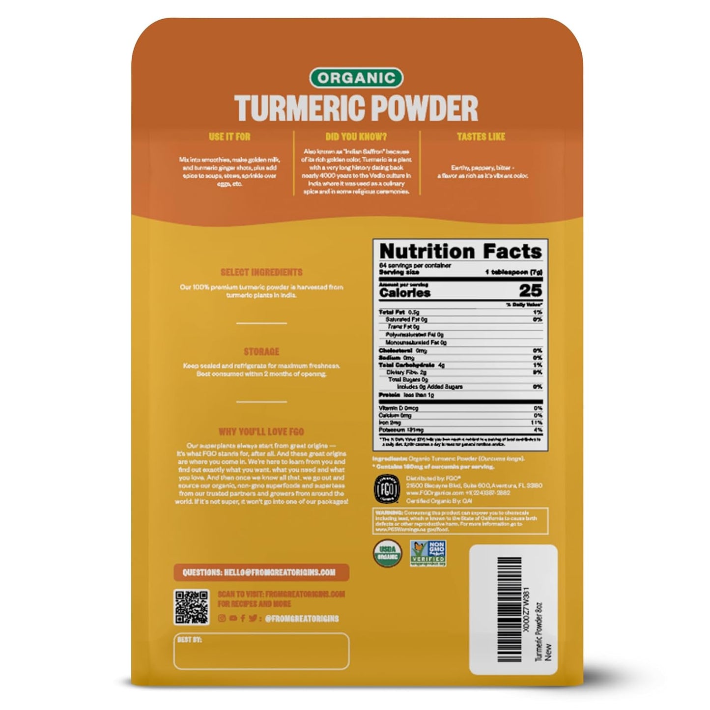 FGO Organic Turmeric Powder – Mindful Nutrition Booster for Curcumin Lattes & Healing Broths, 8oz