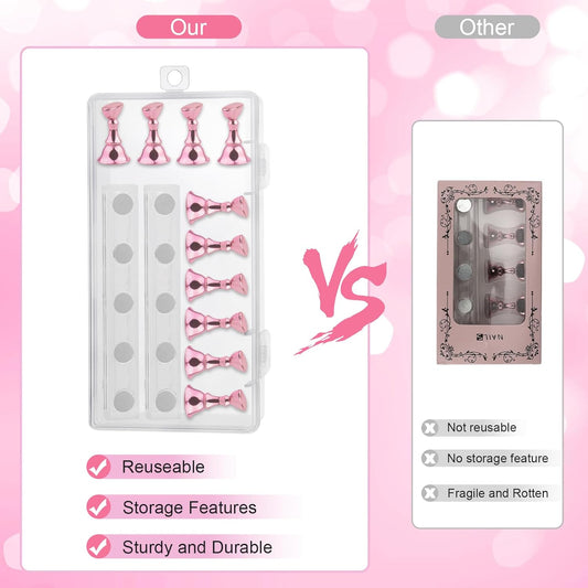 five chess-shaped nail tip holders per set plus interchangeable acrylic and pink flower-shaped bases