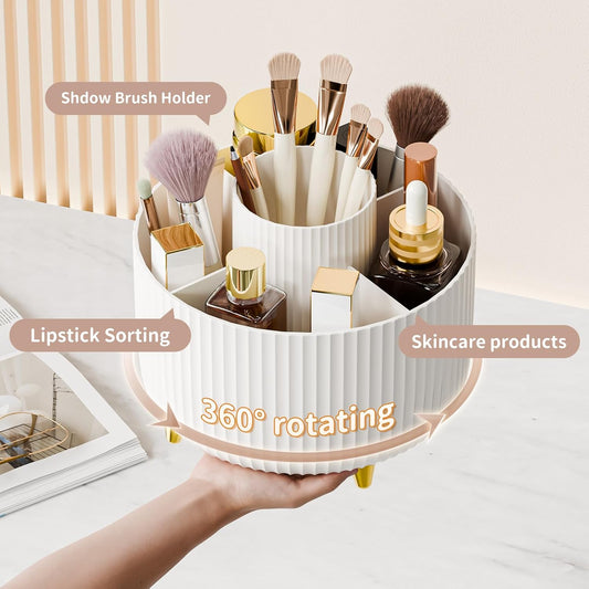 five-compartment layout sized for brushes, lipsticks, and small bottles