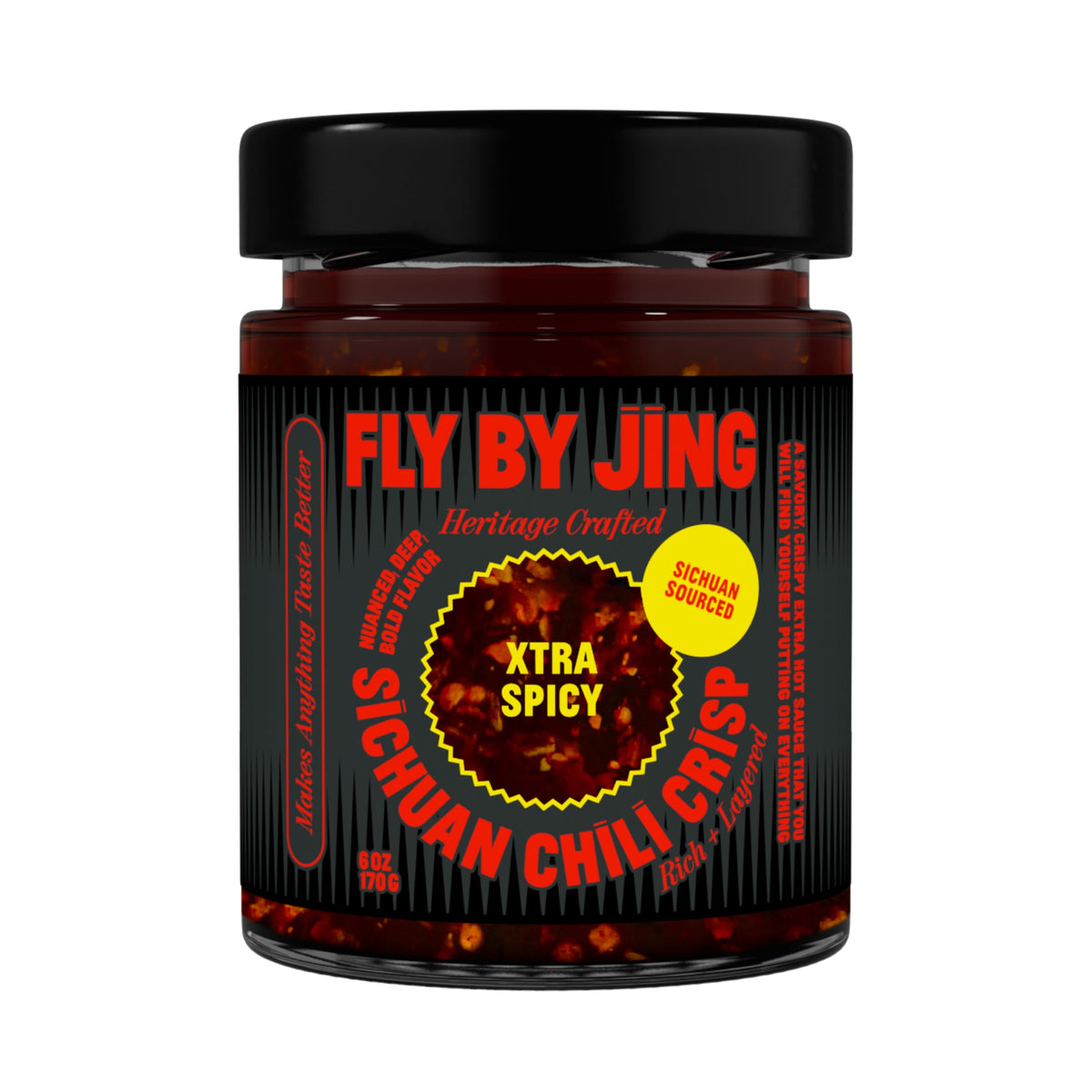 FLYBYJING Xtra Spicy Sichuan Chili Crisp: Premium Chili Oil w/Crunchy Garlic and Shallots - Spicy, Savory, Vegan, Sugar Free Hot Sauce - Good on Noodles, Proteins, Veggies & Anything, 6oz (Pack of 1)