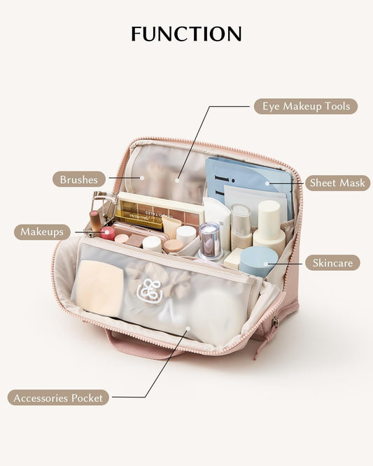 fold-down front panel that converts into a phone or mirror holder with zippered transparent pocket
