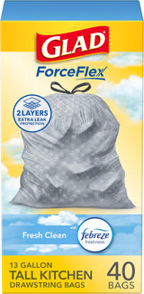 Glad ForceFlex Tall Kitchen Trash Bags – Gentle Febreze Fresh Clean Odor Control for Wind-Down Households, 13 Gallon 110 Count