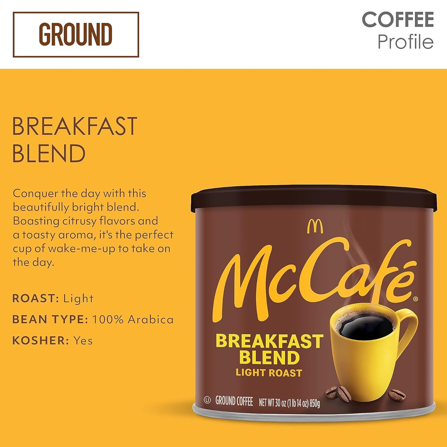McCafe Breakfast Blend Light Roast Ground Coffee, 30 oz Canister – Smooth Cup for the Shared Break Room and Office Pantry
