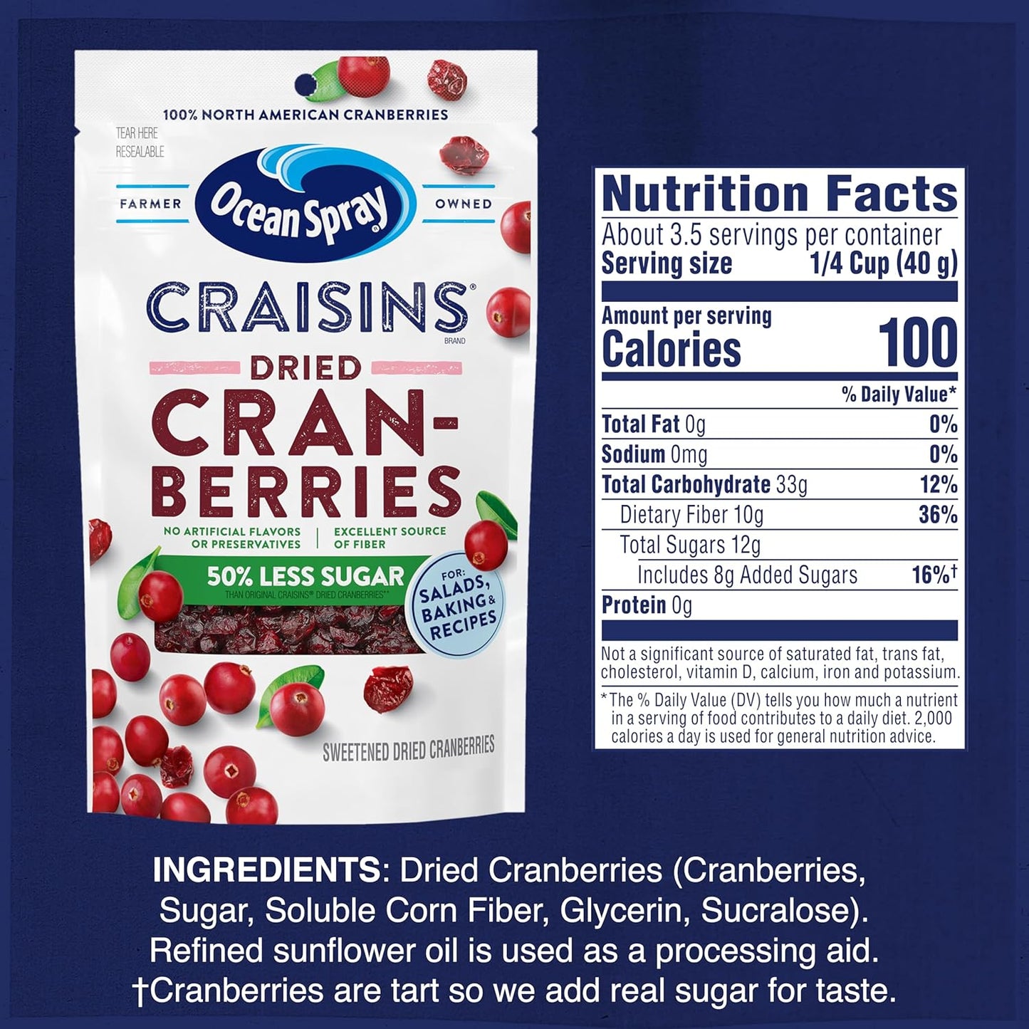 Ocean Spray Craisins 50% Less Sugar Dried Cranberries – Lightweight Pantry Item for Road Trips and Picnics, 5 oz Pouches, 12 Count