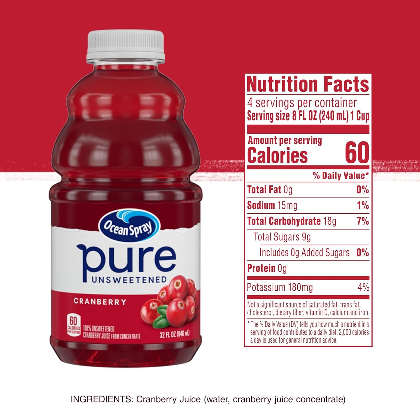 Ocean Spray® Pure Unsweetened Cranberry Juice – Low-Calorie Fruit-Serving for Mindful Eating Routines, 32 Fl Oz