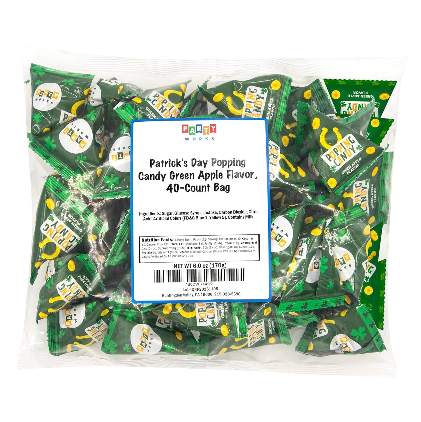 Outdoor St Patty's Day Festival Candy - 40 Pop Rocks Sour Green Apple Mini Packs for Parade March Routes, Community Celebration Booths & Shamrock Event Stations