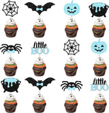 Halloween Birthday Party Toppers for 2 Year Old Boy, 36Pcs Reusable Blue Black Glitter Ghost Cupcake Decor Safe for Kids Party Dessert Table Setup