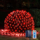 WBao Solar Holiday Net Lights – IP65 Waterproof Christmas Decor with 8 Modes, 4 Brightness, and USB Backup for Remote Garden Areas