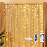 Brightown Warm White LED Curtain Lights 300 LEDs, Low Voltage USB 5V Child Safe Hanging Curtain for Playroom and Kids Bedroom, 8 Modes Dimming Remote