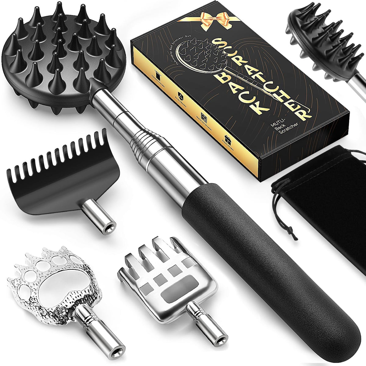 TUKUOS Telescoping Back Scratcher with 5 Detachable Scratching Heads, Rubber Handles, Anniversary Birthday Gifts for Men Women Back Scratcher for Men/Dad/Women/Adults