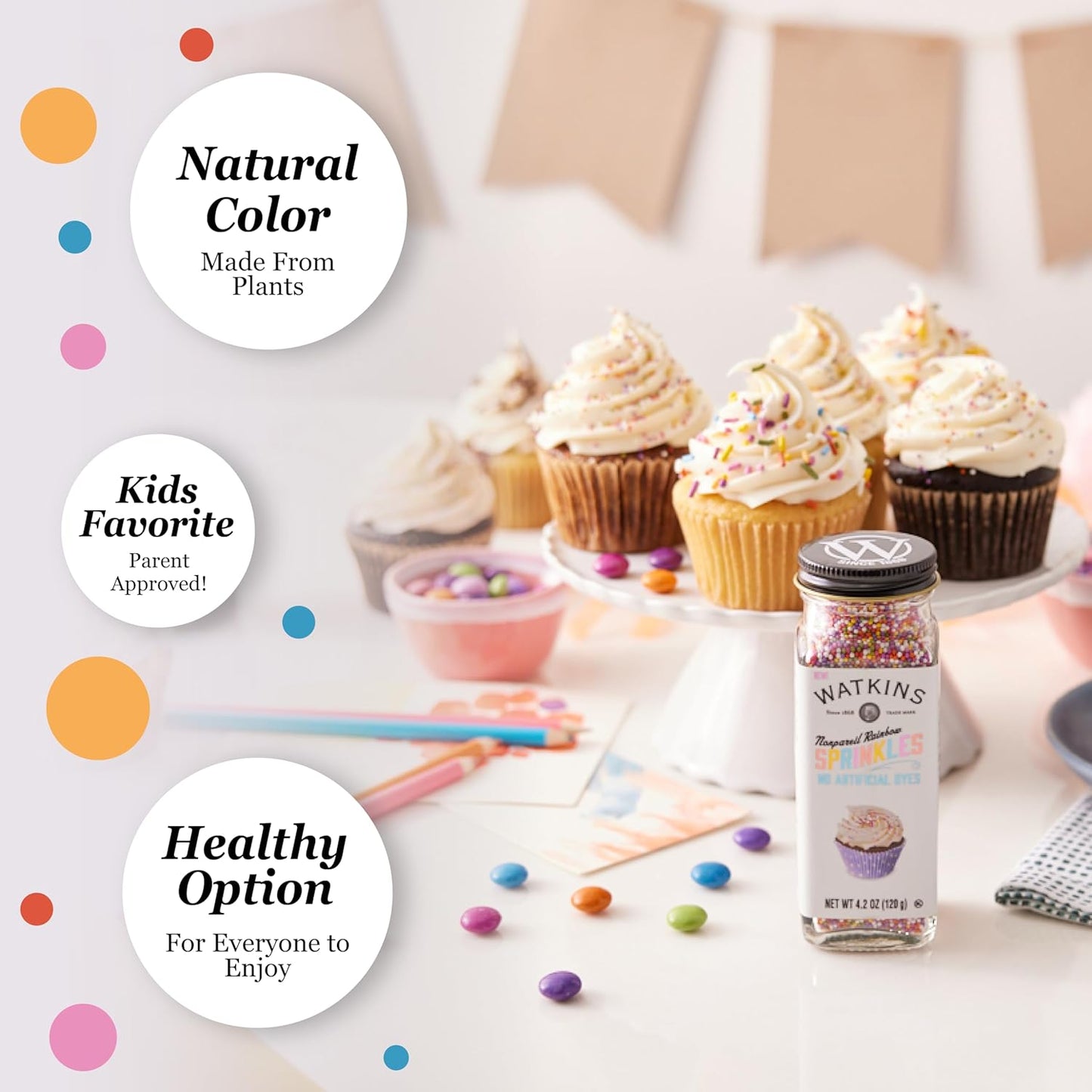 Watkins Gourmet Decorating Sprinkles – Red Dye Allergy Friendly Rainbow Nonpareils for School Parties and Playdate Desserts