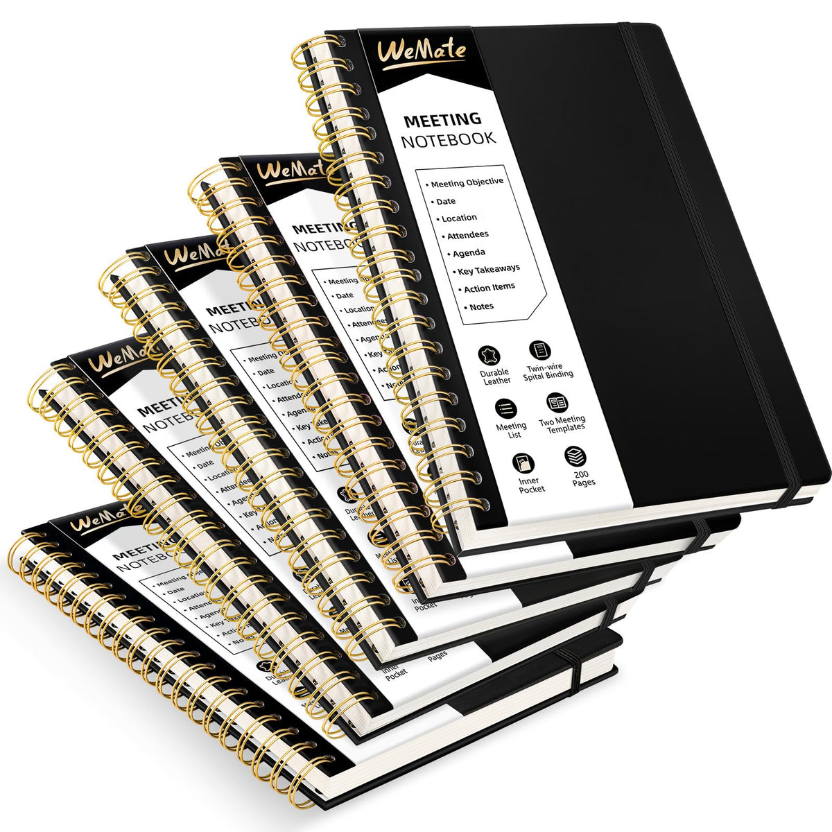WEMATE 5 Pack Meeting Notebooks for Work(7"x10") 200 Pages, PU Leather Notebook with Action Items & Note, For Staff & Students, Meeting, Projects Planning - All Black Set
