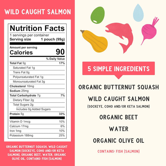 wild caught salmon as primary protein source with organic butternut squash and beets