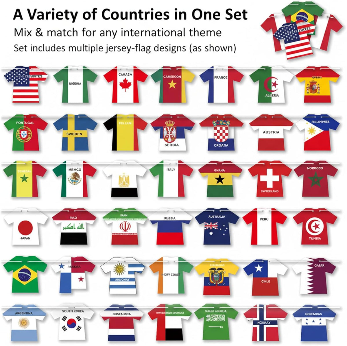 WorldDecor Safe Indoor Kids Party Banner 50 Piece Jersey Shaped Flag Bunting for Family Friendly World Cup Viewing