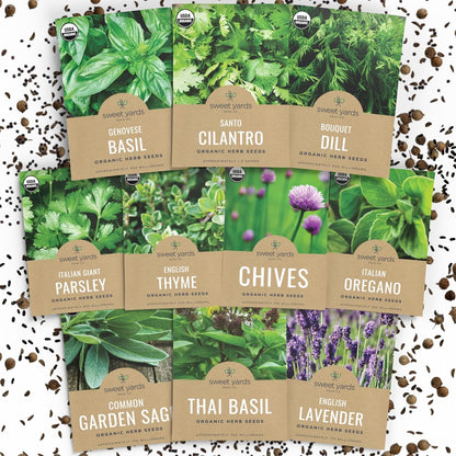 10 individually packed culinary herb varieties: genovese basil, santo cilantro, bouquet dill, italian giant parsley, english thyme, chives, italian oregano, common sage, thai basil, english lavender
