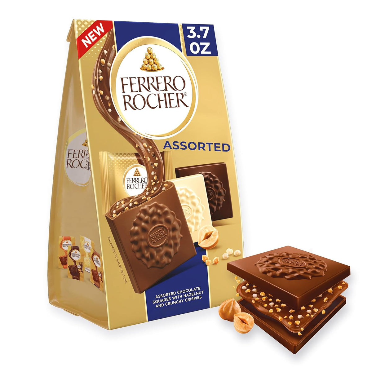 10 individually wrapped assorted chocolate squares in a resealable gold stand-up bag