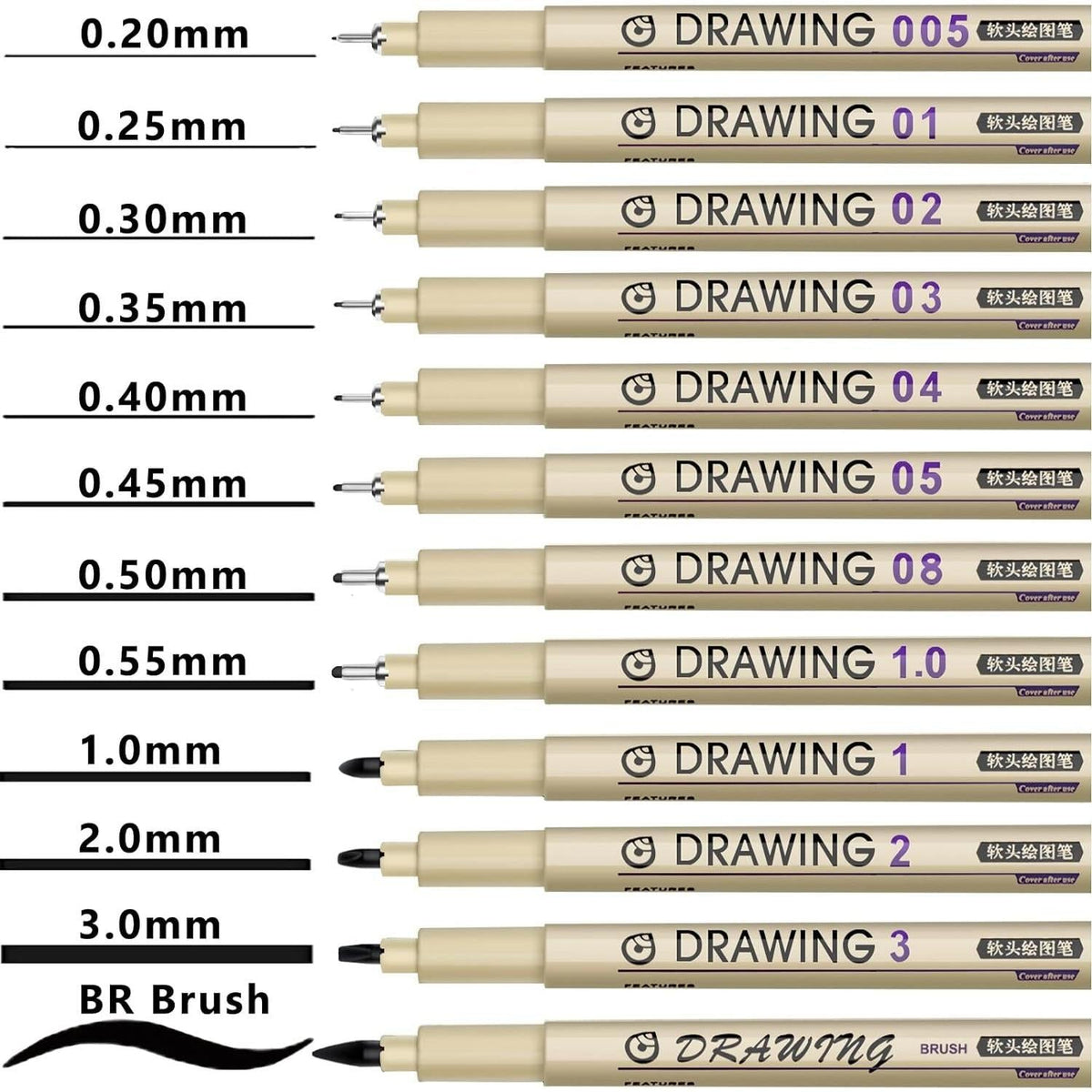 10 product variants offering choices in tip count (6, 8, 12, 16, 20), tip size (0.25mm vs 0.45mm), and ink color (black, sepia, 12-color)