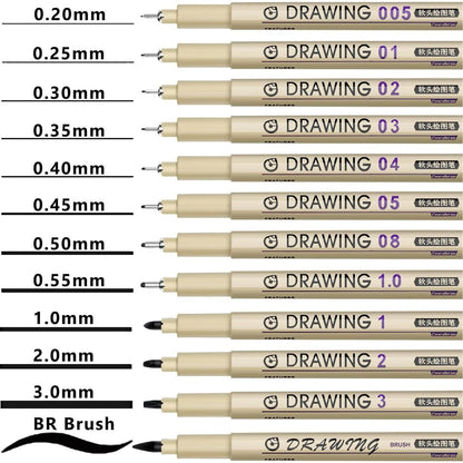 10 product variants offering choices in tip count (6, 8, 12, 16, 20), tip size (0.25mm vs 0.45mm), and ink color (black, sepia, 12-color)