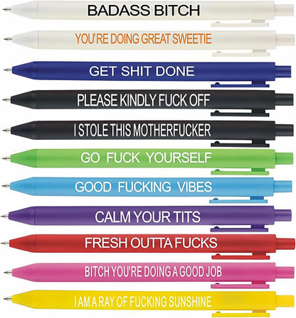 11 ballpoint pens, one for each day of the week, in assorted body colors