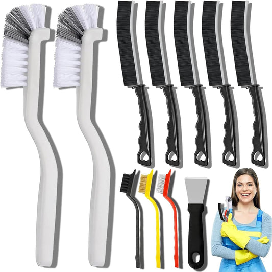 11-piece set: 5 gap brushes, 2 l-shaped angle brushes, 3 heavy-duty wire brushes, 1 stain scraper