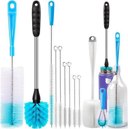 11-piece set including straw brushes (7.9-12.5 in), 16 in long-handle bottle brush, 14 in sports brush, 10 in sponge brush, and 4.3 in spout brush