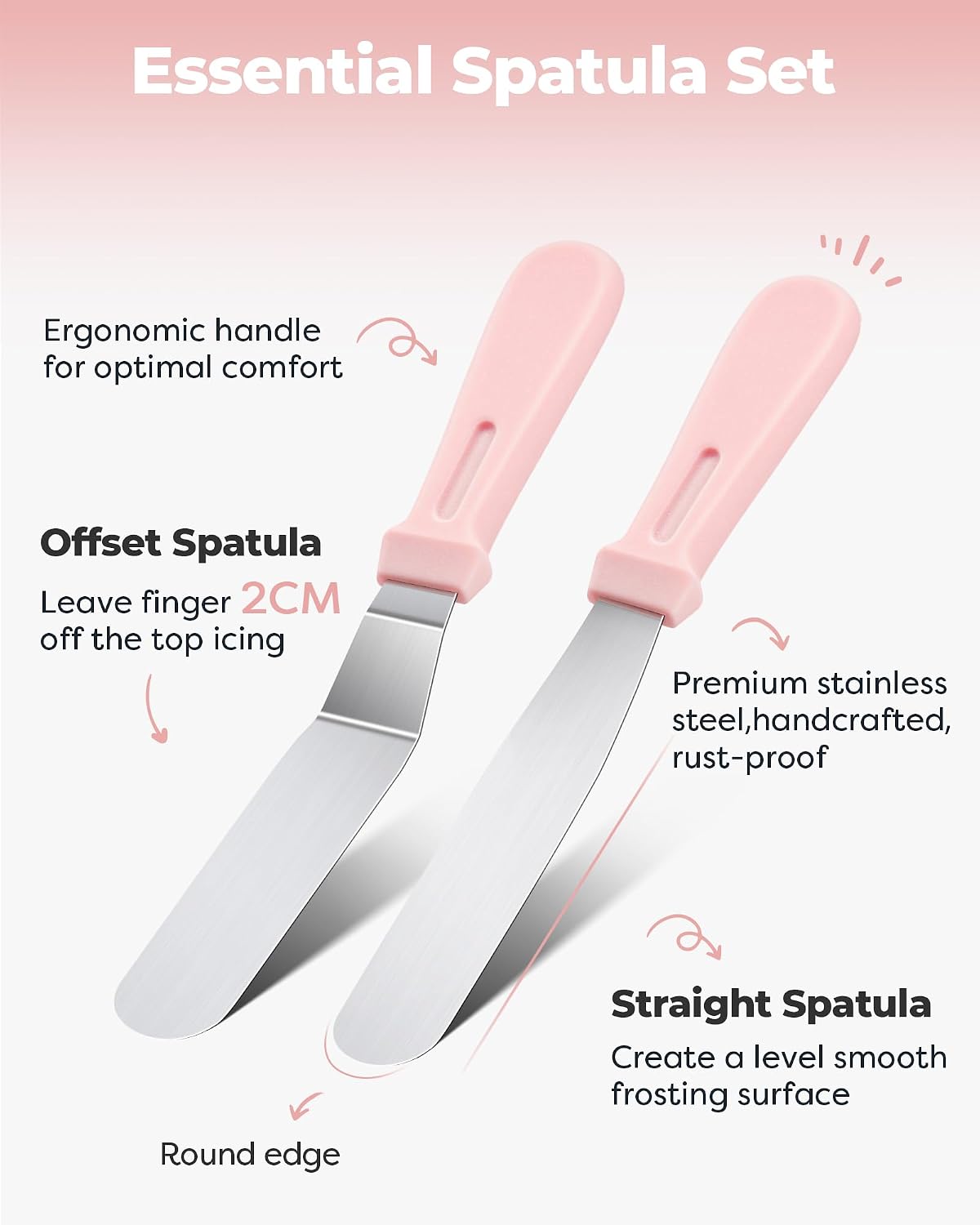 12.5-inch angled and 10.6-inch straight stainless steel icing spatulas for crumb-free layering