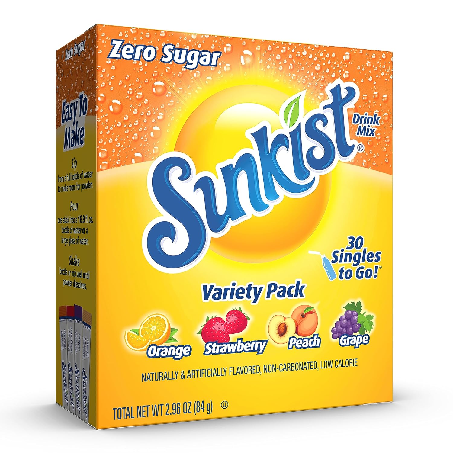 12 available flavor variants including orange, lemon lime, grape, pineapple, strawberry, peach, mango orange, blood orange, strawberry tangerine, and vitamin c variety packs