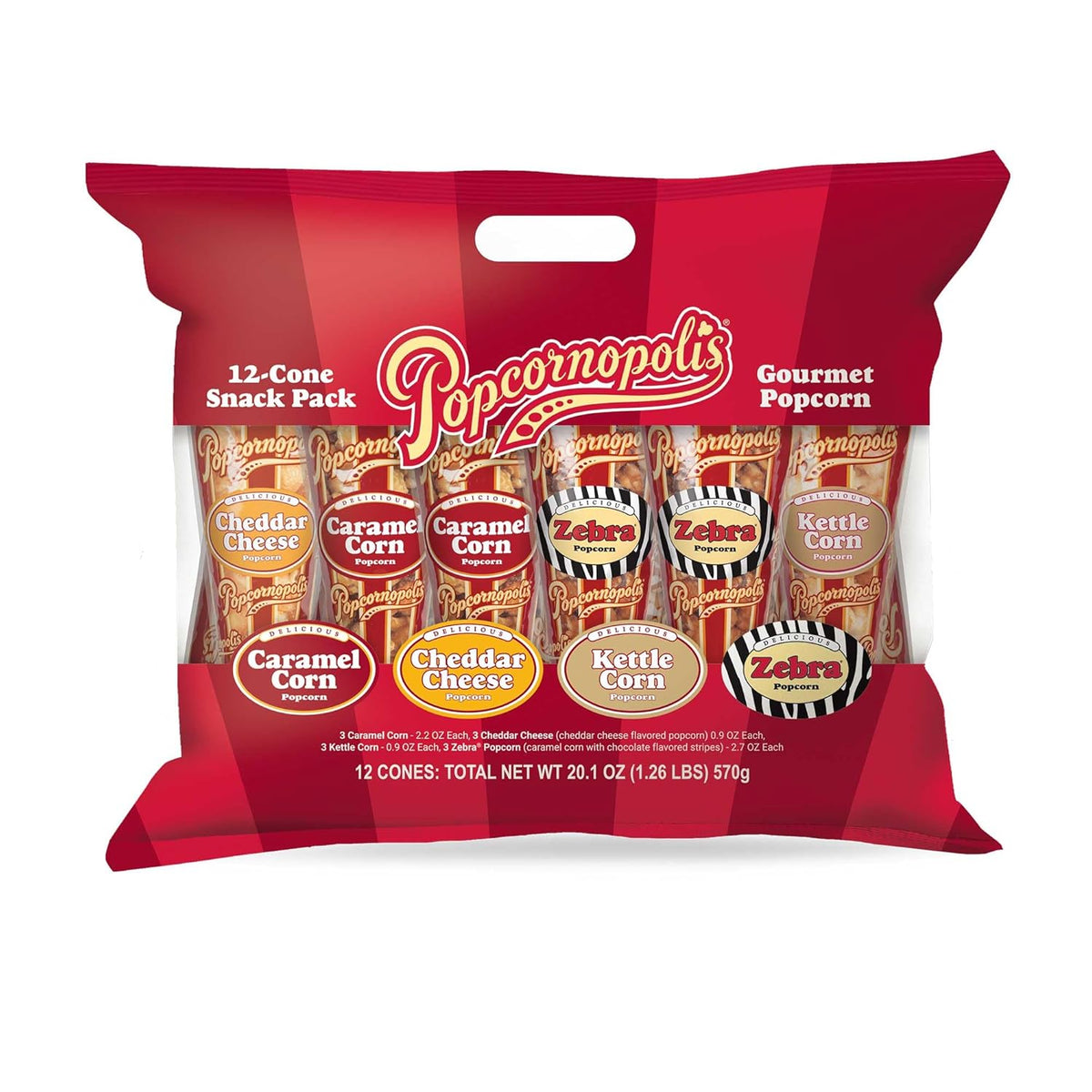 12 mini cones per pack with 3 of each of 4 flavors (zebra, cheddar cheese, caramel, kettle corn)