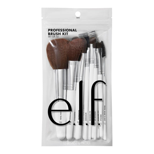 12-piece collection covering smudge sponge, lip defining, eyeshadow, blending, defining, lash/brow wand, brow comb, foundation, bronzer, total face, concealer, and eyeliner brushes