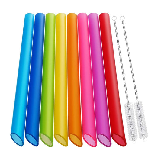 12 reusable plastic straws in multi colors (8 or 12 color variants) plus 4 cleaning brushes