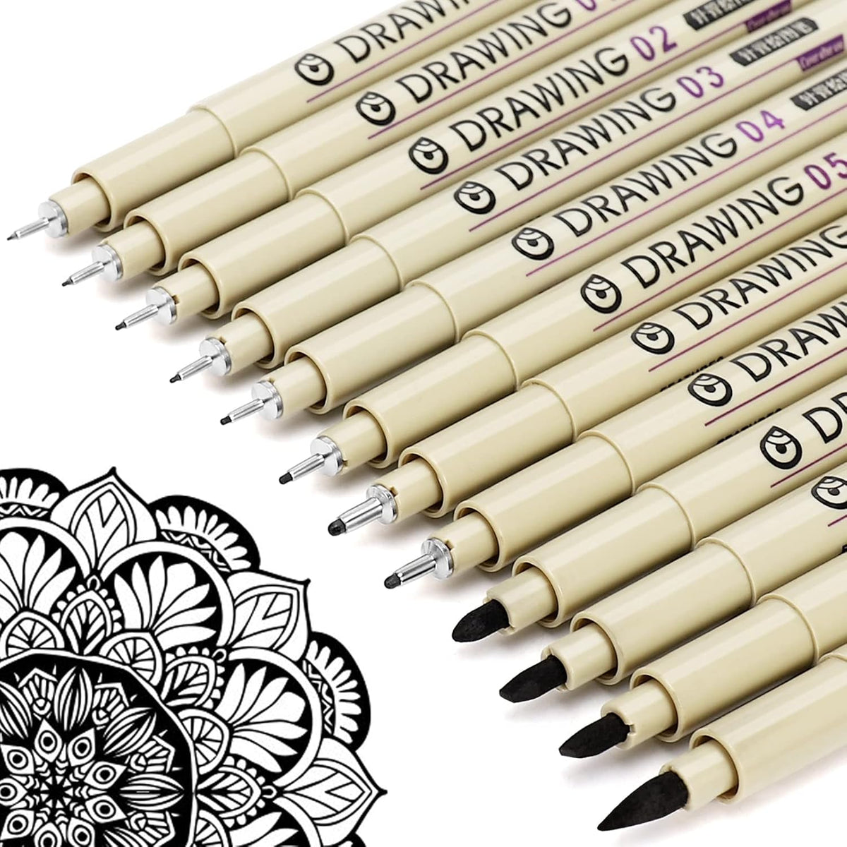 12 tip sizes ranging from 0.2mm (005) to 3.0mm plus a brush tip, all in one set