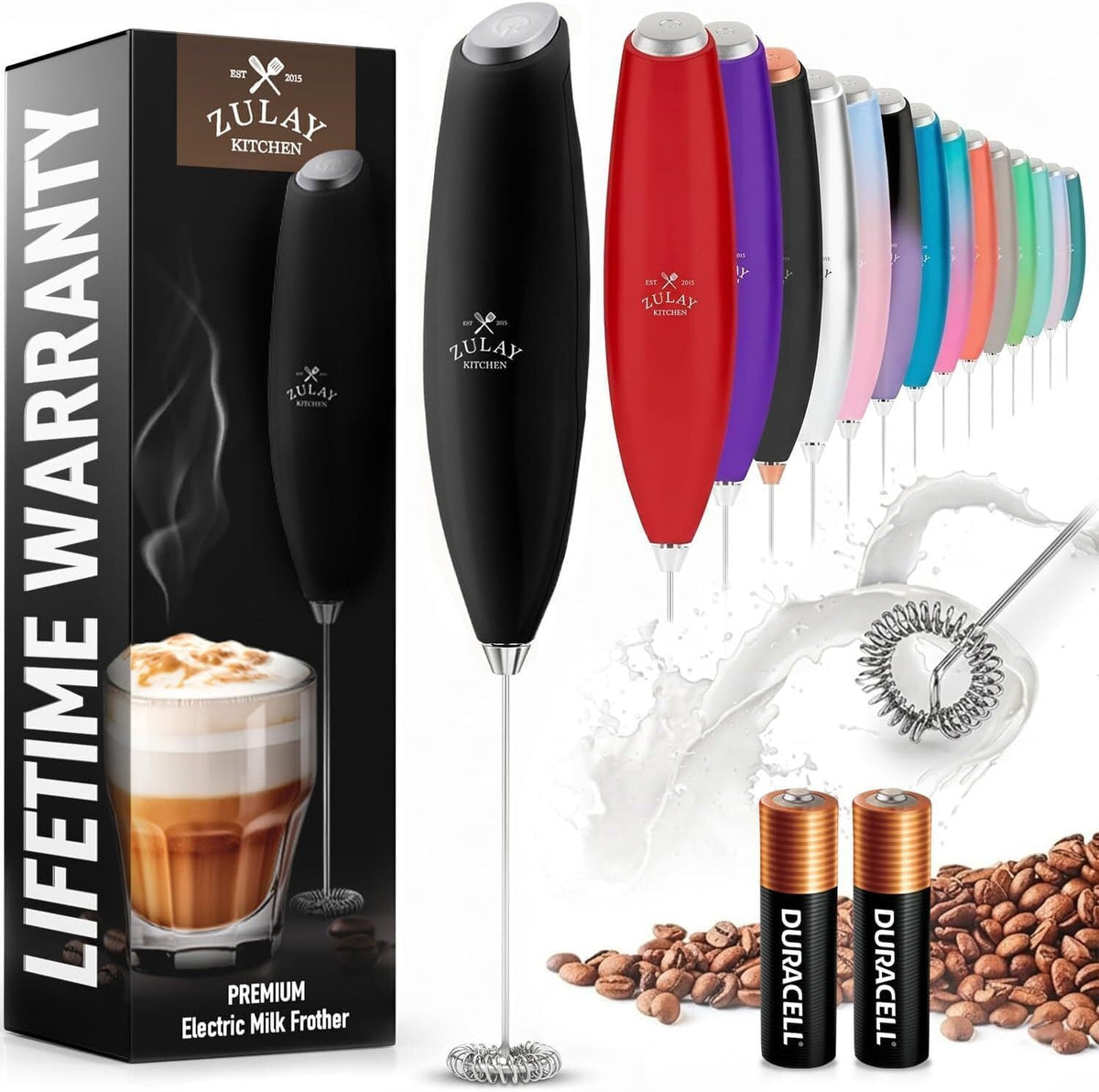 13,000 rpm motor with 25 spiral stainless steel rings for fast, creamy foam