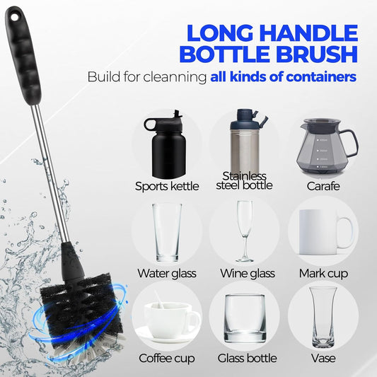 14" stainless steel handle with non-slip rubber grip on the main bottle brushes