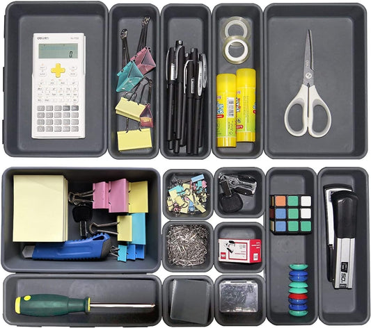 15-piece interlocking bin set: 3 large (9.2 x 6 x 1.8 in), 6 medium (9.2 x 3 x 1.8 in), 6 small (3 x 3 x 1.8 in)