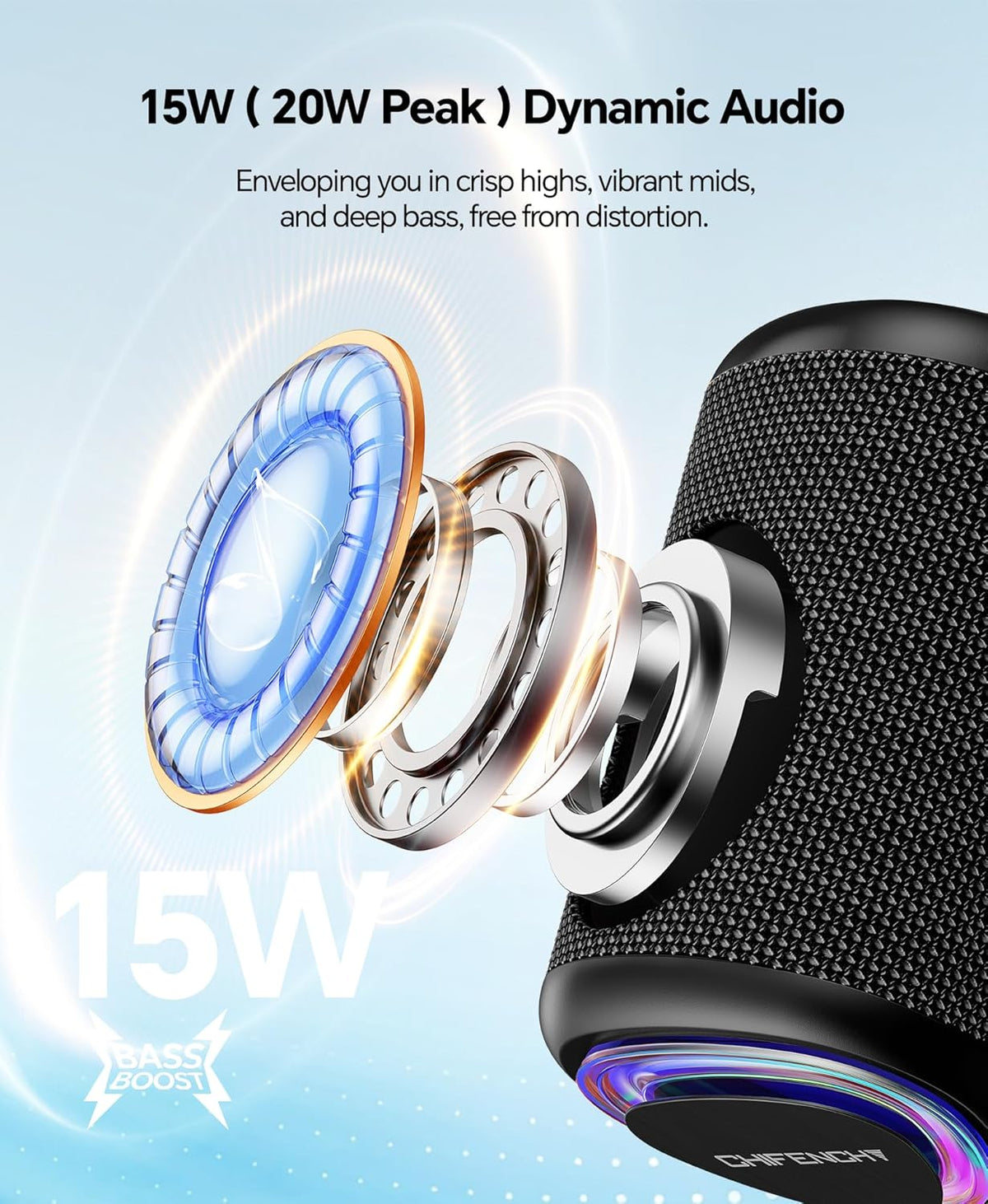 15w continuous / 20w peak dynamic driver with 100 ft bluetooth 5.3 range