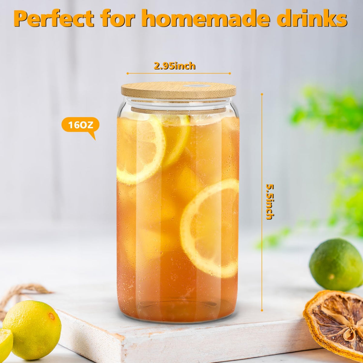 16 oz Clear Glass Tumbler with Bamboo Lid – Intentional Kitchen Counter Drinkware for Less-is-More Home, 4 Pack