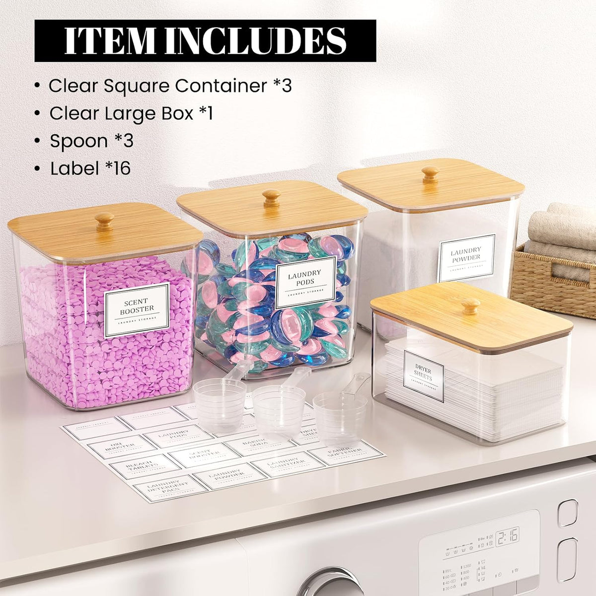 16 waterproof labels and 3 scoops included for immediate organized use