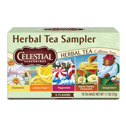 18 tea bags total containing five distinct blends: chamomile, lemon zinger, peppermint, honey vanilla chamomile, and sleepytime