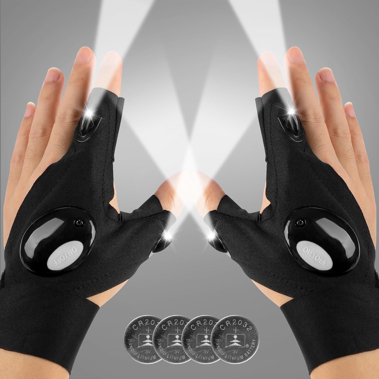 2 bright leds mounted on the index finger and thumb for directional, handsfree lighting