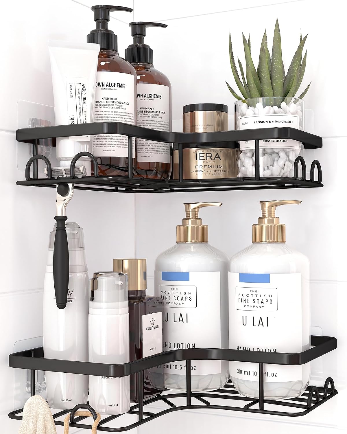 2-pack corner shelves with 8 hooks for bottles, razors and hanging accessories