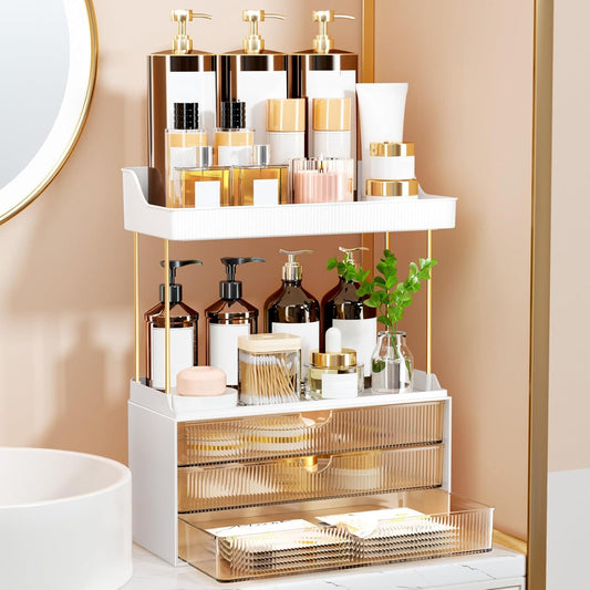 2-tier open shelf top + 3 slide-out drawers (5 total storage levels)