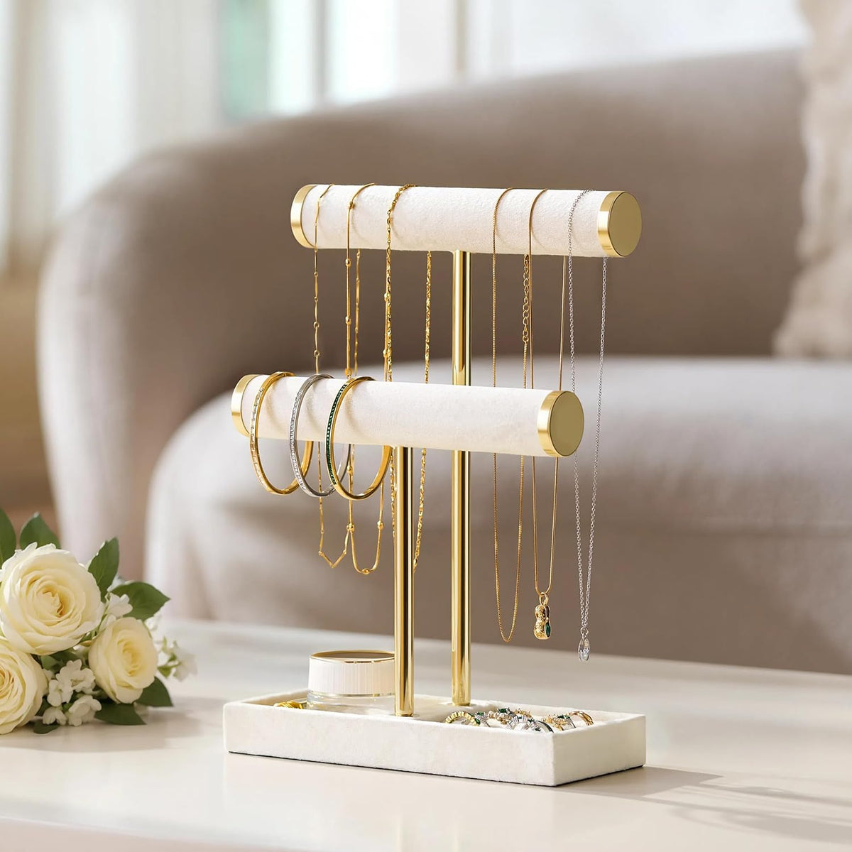 2-tier vertical layout: 2 hanging rods + 1 ring tray + 1 storage compartment