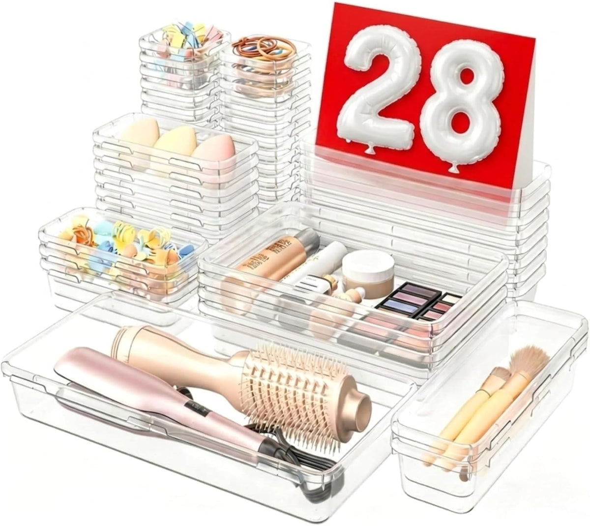 28-piece modular set across 5 sizes ranging from 3"x3"x2" to 12"x6"x2"