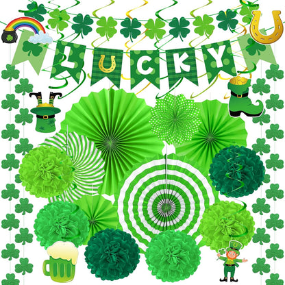 28-piece set including 6 paper fans, 6 pompoms, 1 lucky banner, 6 hanging cards, 6 swirls, and 3 garlands