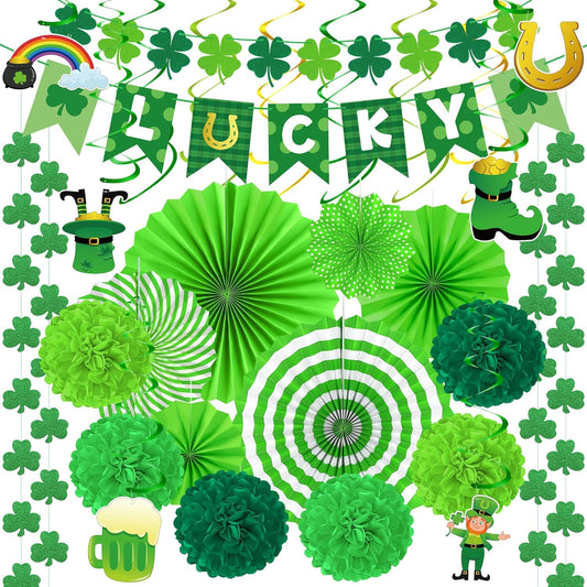 28-piece set including 6 paper fans, 6 pompoms, 1 lucky banner, 6 hanging cards, 6 swirls, and 3 garlands