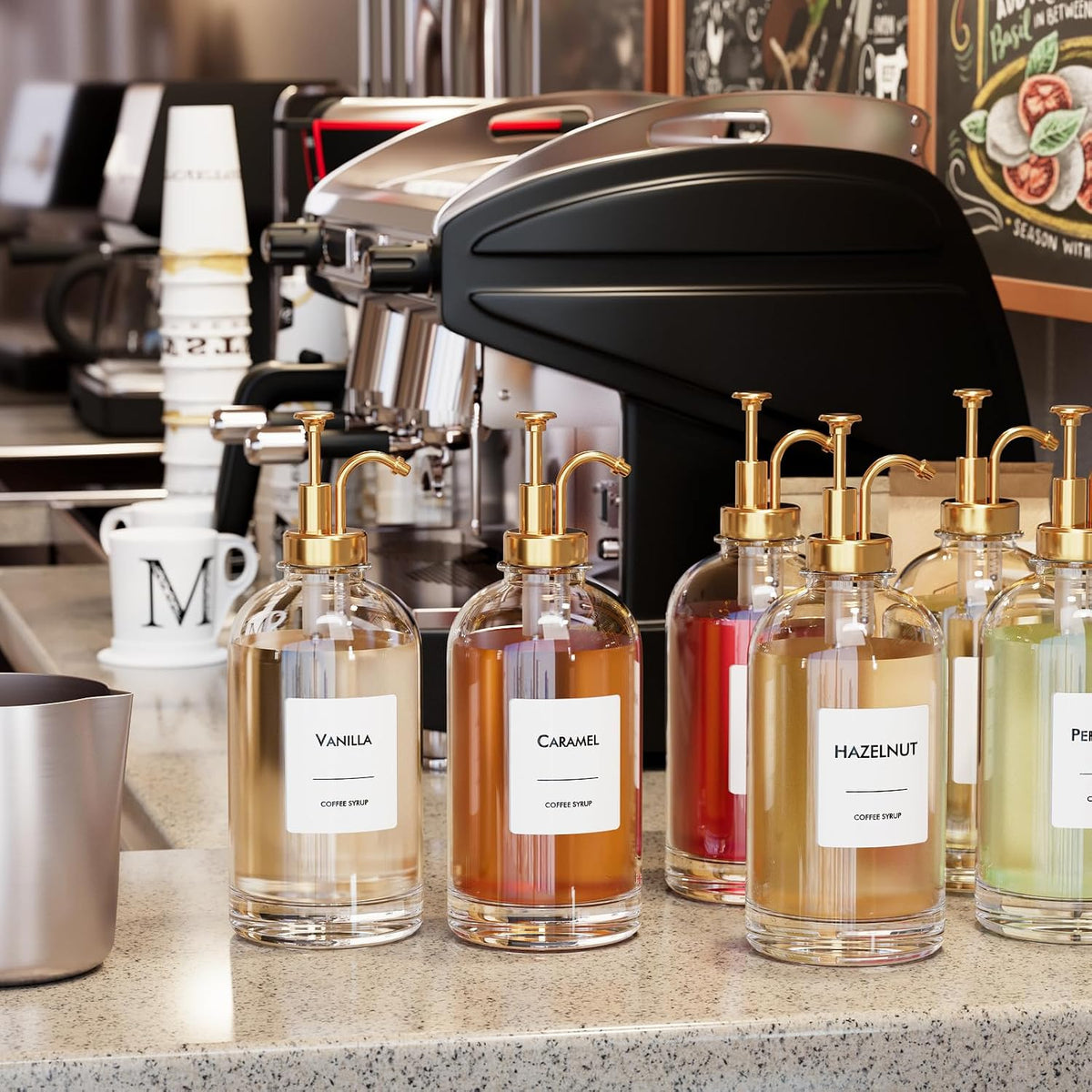 28 pre-printed syrup labels for organizing flavors across all bottles